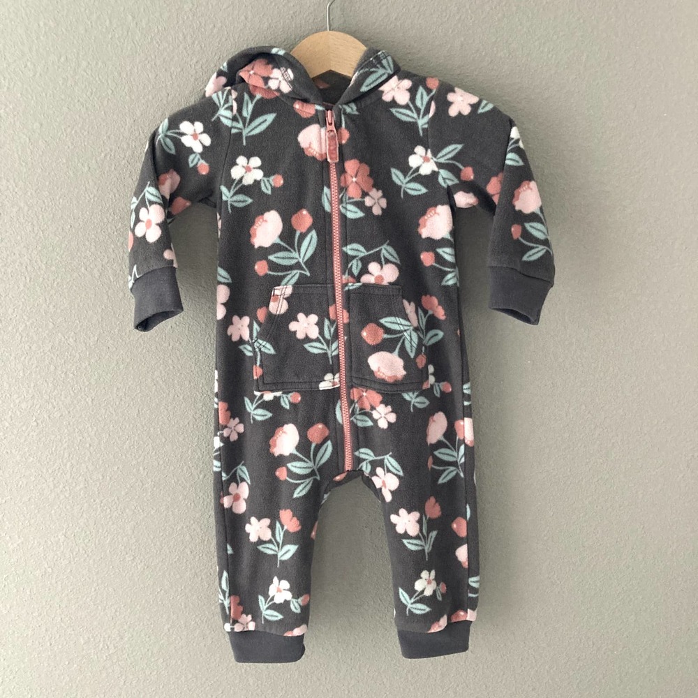 Carter's Fleece Hooded Jumpsuit - Floral - Gray, Mint, Pink, White - 9M